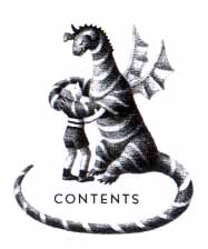 dragon and boy embracing, the dragon's tail is wrapped around the word 'CONTENTS'