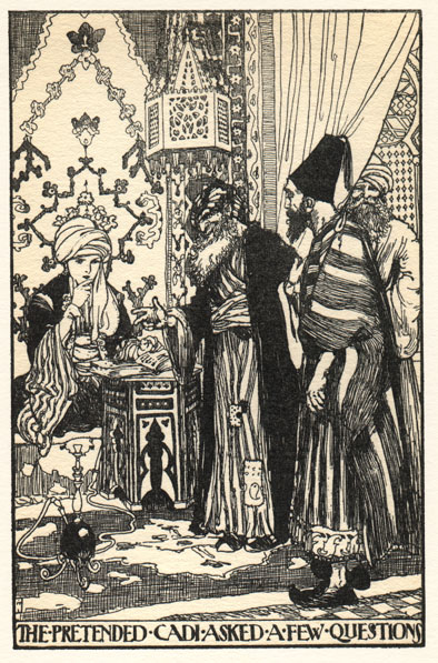 four figures in an ornate room, three standing and one seated, looking pensive. Caption: The Pretended Cadi Asked A Few Questions