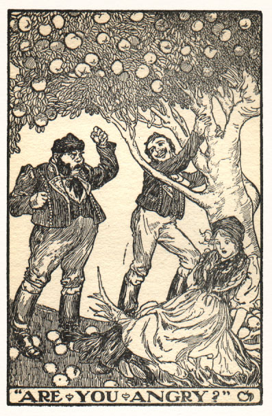 man shaking fist at young man and girl fallen from apple tree. Caption: Are you angry?