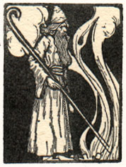 man in robe and hat with staff by a tall fire