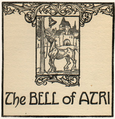 a very thin horse chewing at a bell rope. Caption: The Bell of Atri