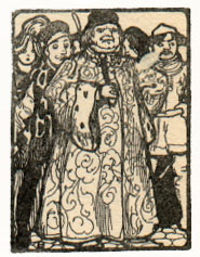 a crowd led by a stern man in a robe