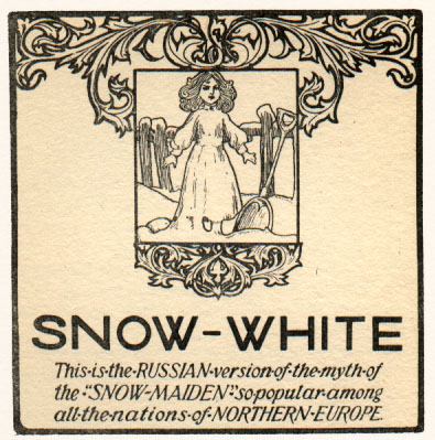 girl in the snow with shovel. Caption: Snow-White. This is the Russian version of the myth of the "Snow-Maiden" so popular among all the nations of Northern Europe.
