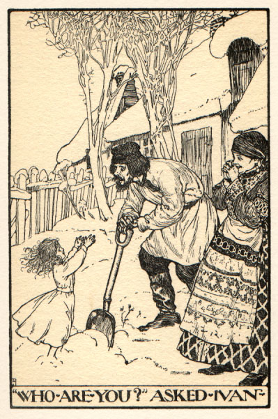 girl reaching up toward couple outside of snow-covered cottage. Caption: "Who are you?" asked Ivan