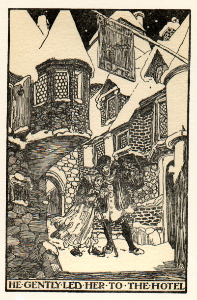 man leading old woman through a snow-covered town. Caption: He gently led her to the hotel