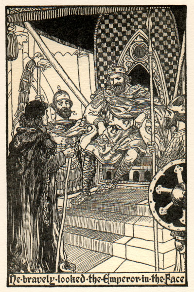 Emperor angrily looking down from throne while man in monk's robe speaks to him. Caption: He bravely looked the Emperor in the Face