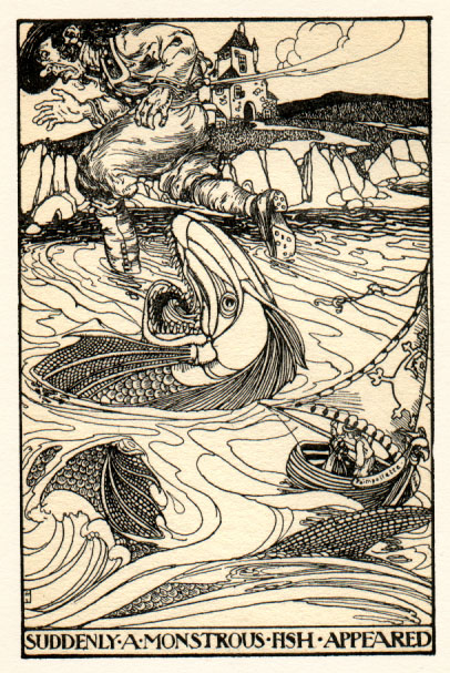 a giant running away from a large eel-like fish. Caption: Suddenly a monstrous fish appeared