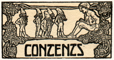 Contents. Art nouveau illustration of man and dwarfs