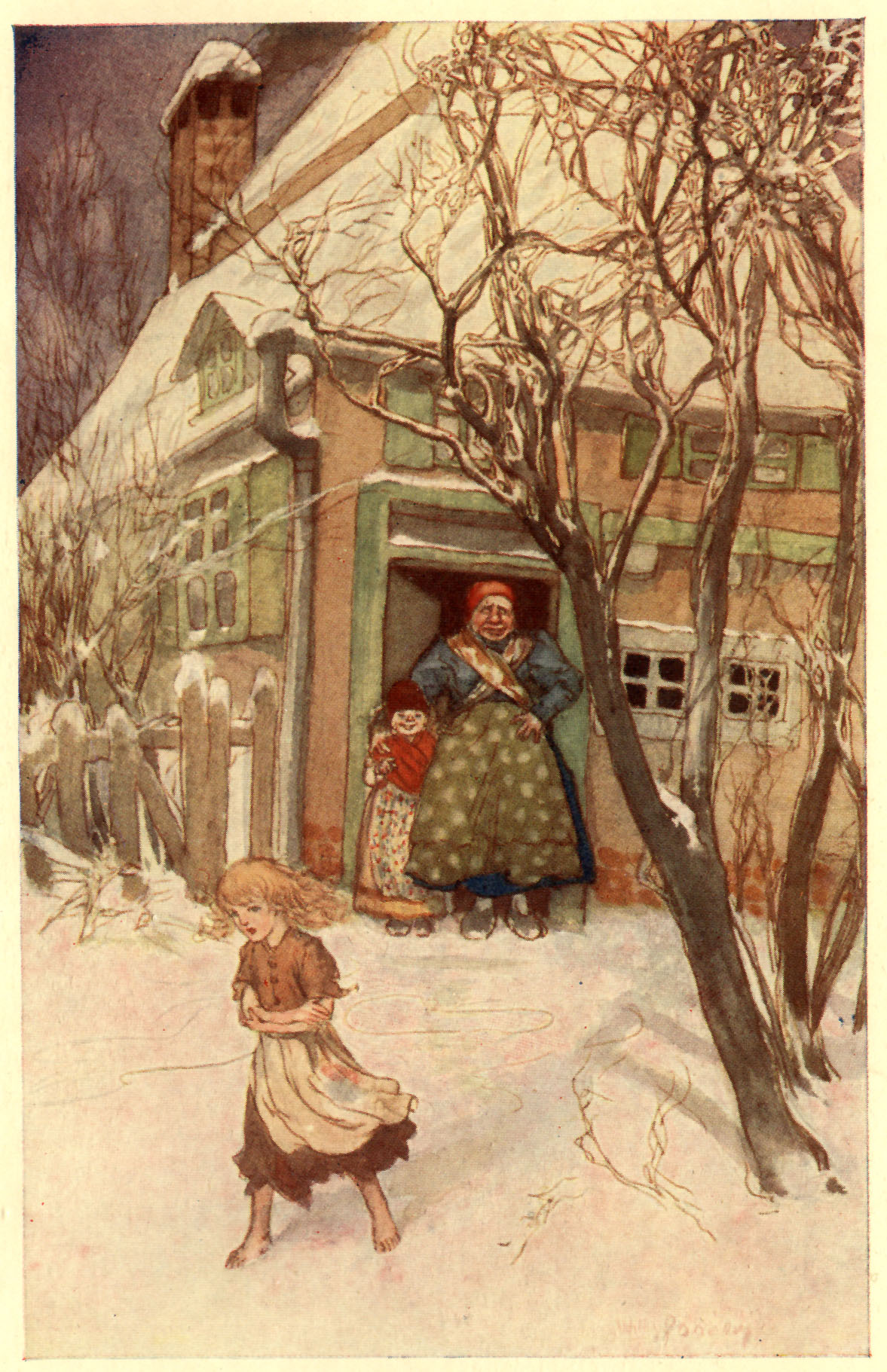 large woman and child standing in doorway of cottage as skinny girl walks away in the snow