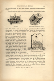 Facsimile of the page as it appears in the printed book; illustration: three cylindrical sundials, one of which is carved into a gravestone