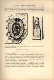 Facsimile of the page as it appears in the printed book; illustration: sundial with winged figure holding scyth and sundial with sculpture above