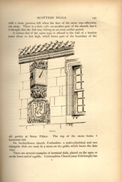 Facsimile of the page as it appears in the printed book; illustration: two-sided sundial on wall with inscription below