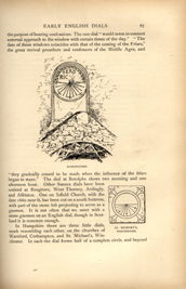 Facsimile of the page as it appears in the printed book; illustration: stone sundial atop church and two-dimensional circular sundial
