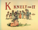 A girl kneeling upright and bound while others stand and look at her. The pie is floating next to the people.