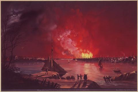 painting of fire from across a river