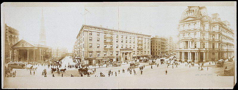 panorama of buildings in 19th century New York City