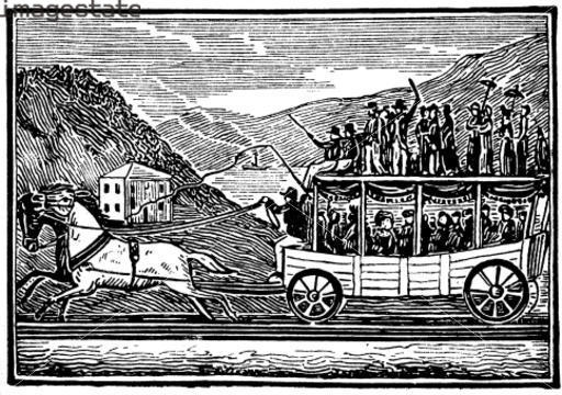 woodcut of horse-drawn carriage with many passengers