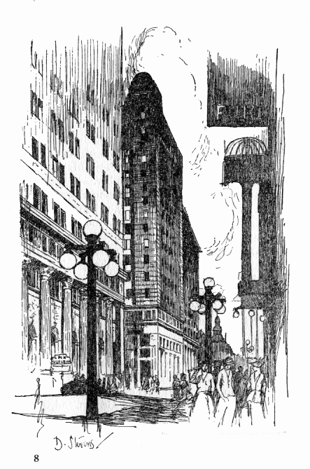 Street scene between tall buildings with people crowding the sidewalks.