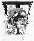 T (illuminated letter with an inset of a man at a desk reading).