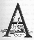 A (illuminated letter with a large ham on a plate with fork and knife).