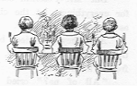 View from behind of three children sitting at the dining table.