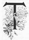 T (illuminated letter with trumpet and fireworks).