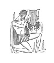 a troubador kneels with a harp