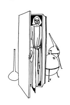 a skeletal figure in a closet with glassware for studying chemistry nearbye