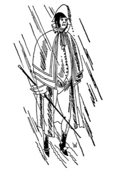 man in a cape and hat standing in the rain