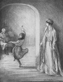 A young girl dances to an old man's accordion playing while a woman watches through a doorway.