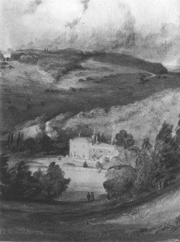 view across a broad landscape to a large house in a valley