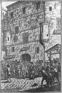 people gathered before the Prison de l'Abbaye