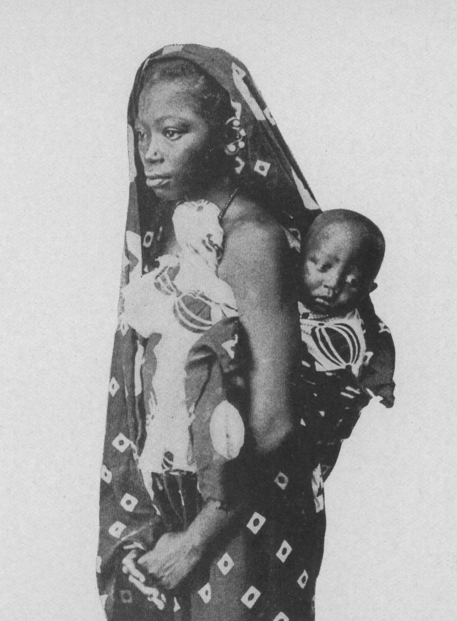 a mother carrying child on her back