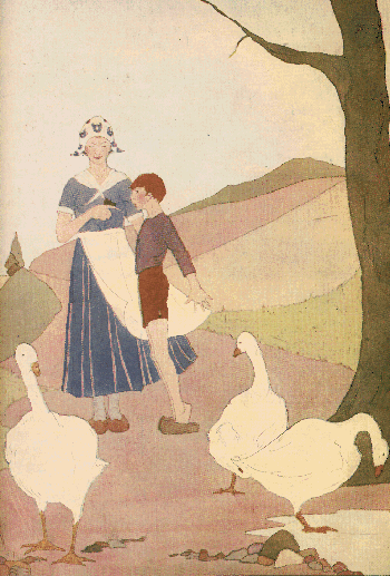 girl in floral hat and boy with three geese