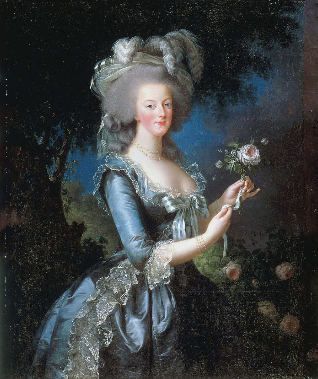 Marie Antoinete, wearing an elaborate teal gown and headdress, holding a rose.