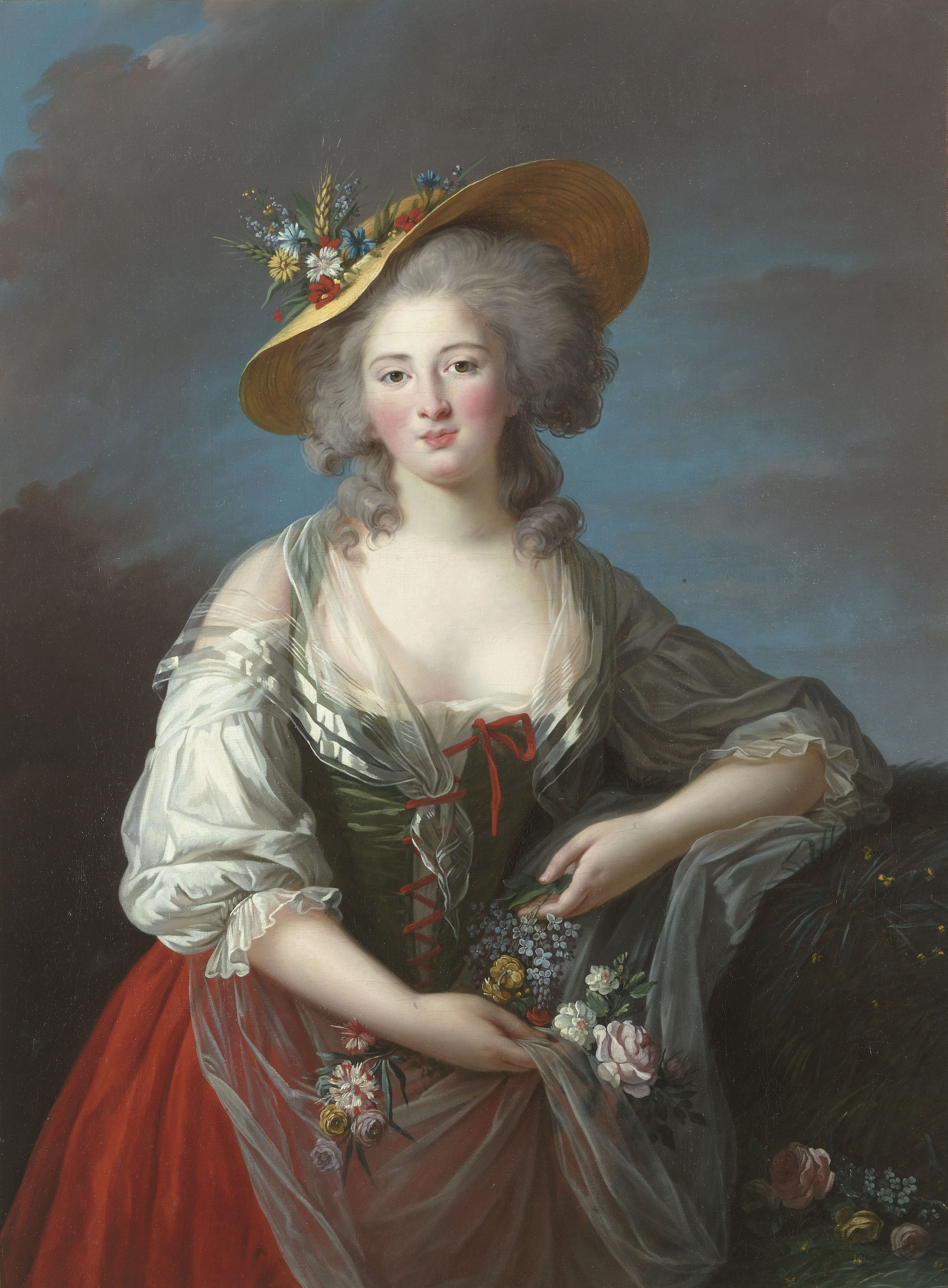 A woman (Madame Elisabeth) seated, wearing a flowered hat and holding flowers.