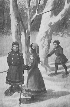 three children snow-shoeing
