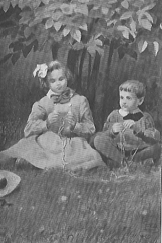 a girl and boy sitting in the grass making chains from dandelion stems