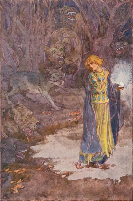 young woman with lamp in the woods surrounded by big cats and wolves