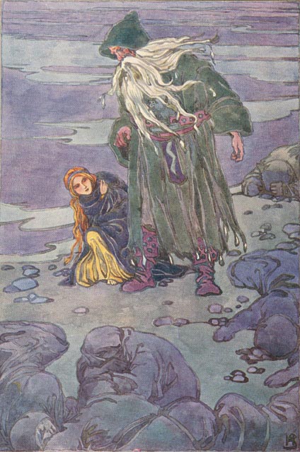 woman cowering in the cold at the foot of an old bearded man