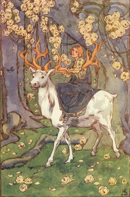 young woman riding white stag with large antlers