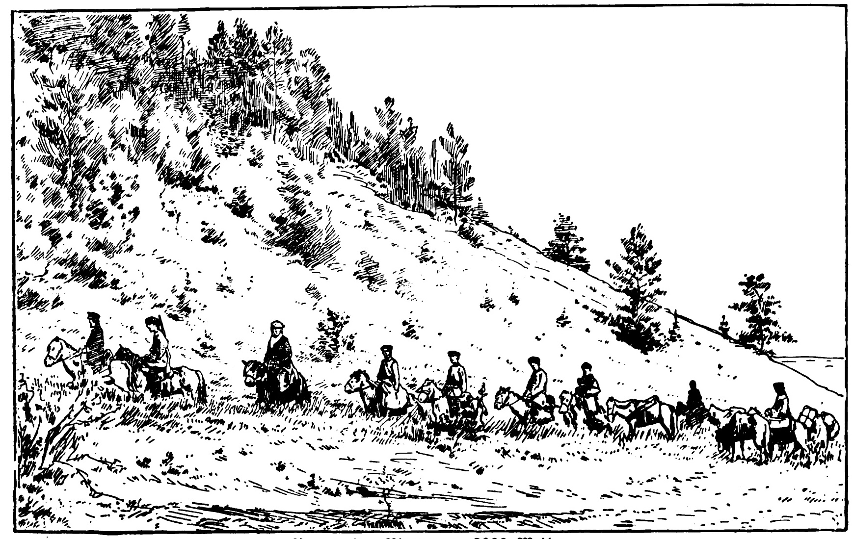 sketch of woman and several men on horses