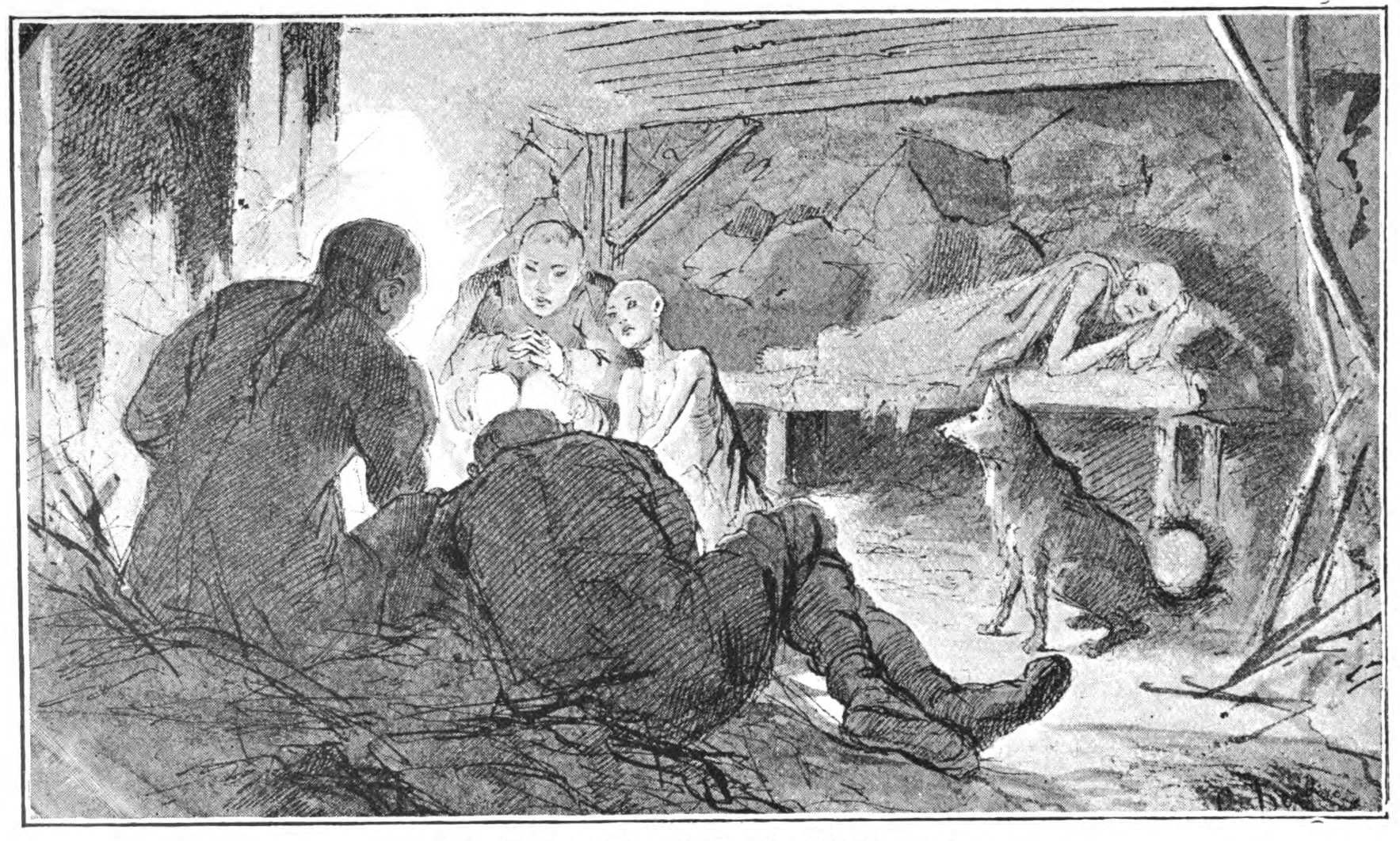 emaciated and crippled people lying on the floor and a bench in a hut, a dog nearby