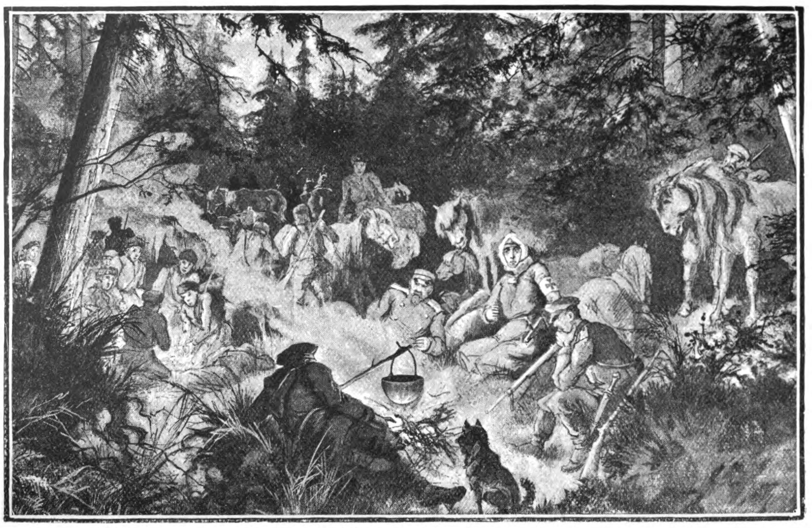 people and horses seated in the woods around a firepit