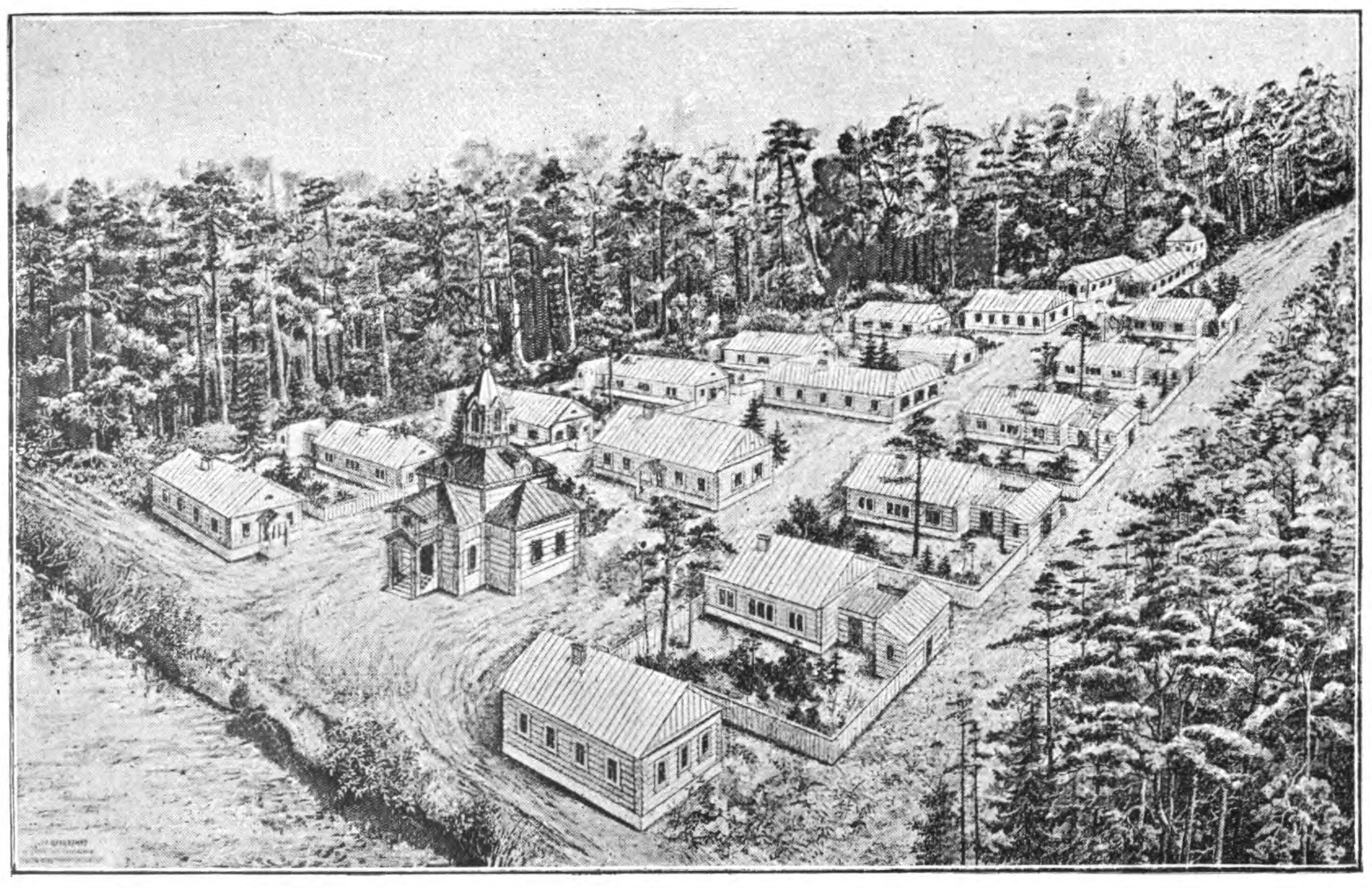 A drawing of a couple of streets of buildings in the woods