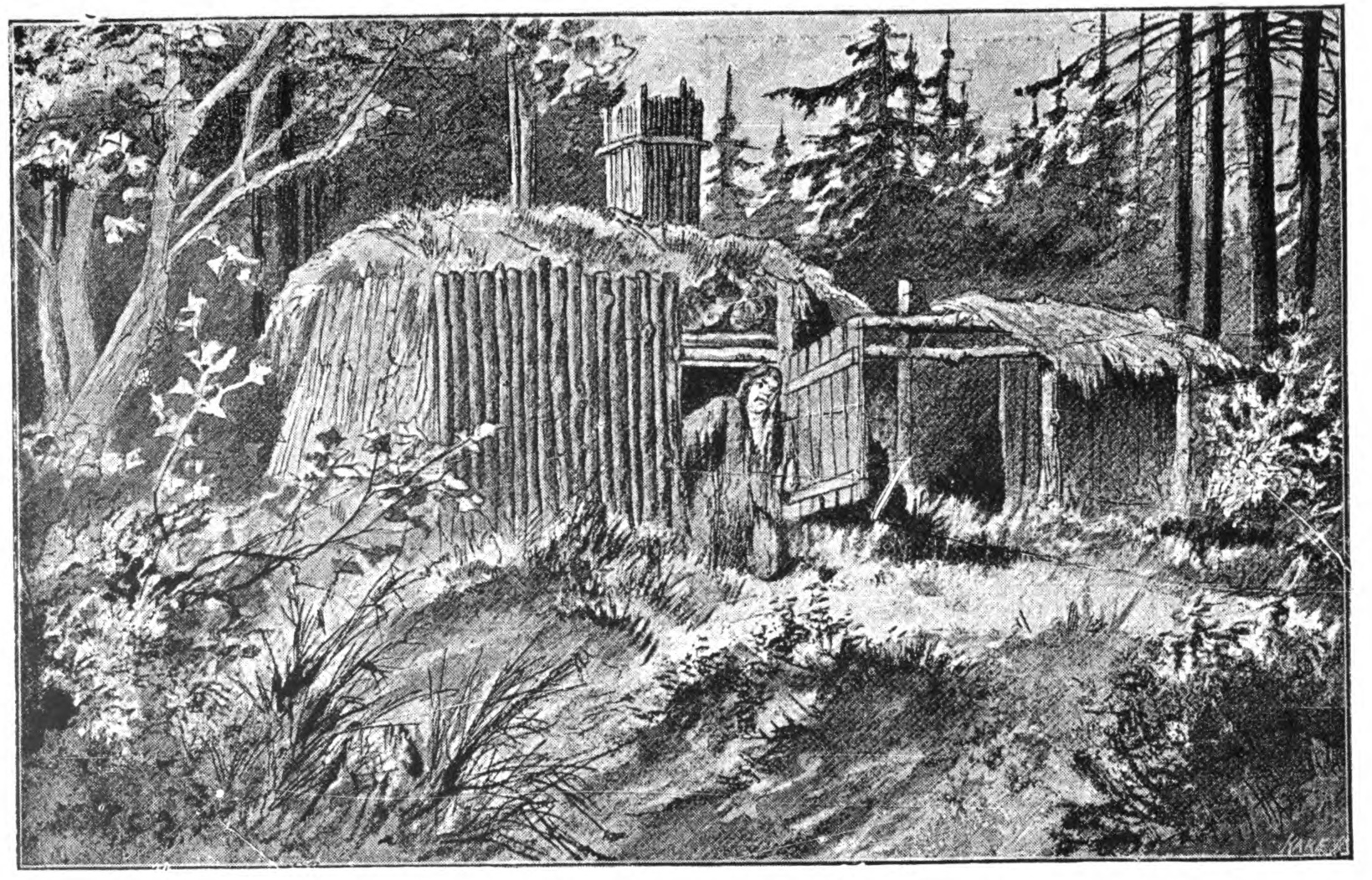 a woman at the door of a hut