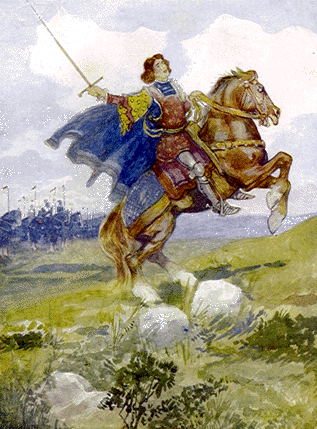 man in armor with cape and sword but no helmet on horseback