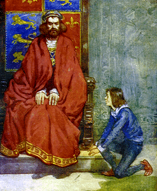 boy kneeling next to stern-looking king on throne