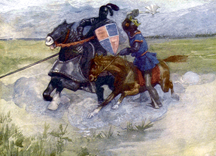 king with axe on horseback attacking large knight in armor on horseback