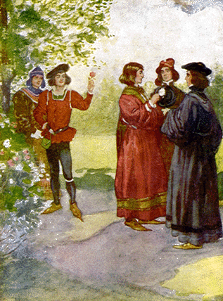 man holding red rose next to group of people with one man putting white rose on hat